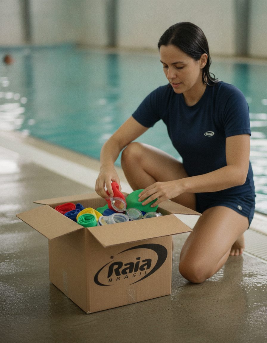 Encomenda da Raia Brasil sendo aberta no deck da piscina